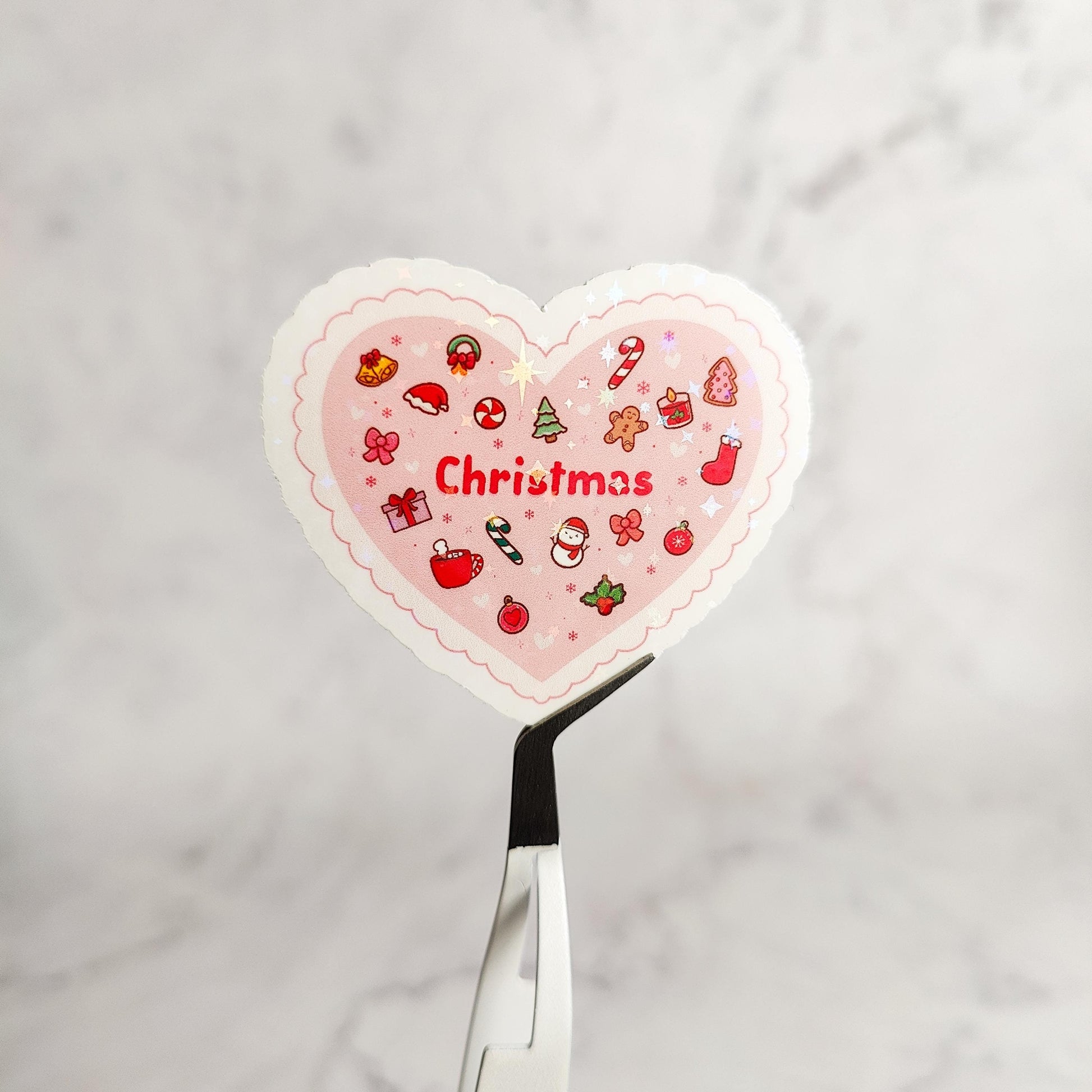 Cute Christmas Heart Holographic Sticker, Holiday Cheer, Water Resistant Sticker, Stocking Stuffer Gift, Kindle E-Reader Sticker Decor