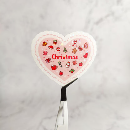 Cute Christmas Heart Holographic Sticker, Holiday Cheer, Water Resistant Sticker, Stocking Stuffer Gift, Kindle E-Reader Sticker Decor