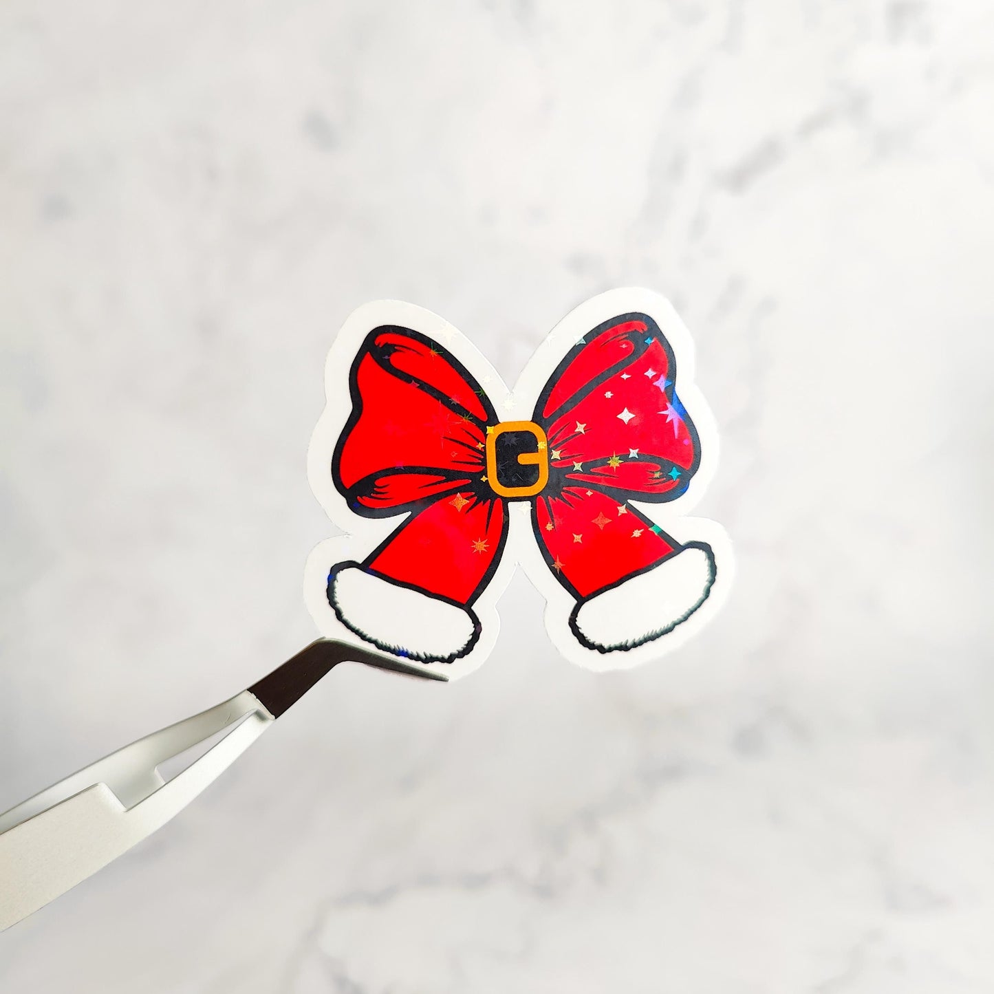 Santa Belt Bow Holographic Sticker, Christmas Coquette, Water Resistant Sticker, Adorable Christmas Aesthetic, Cute Red Bow and Pink Bow