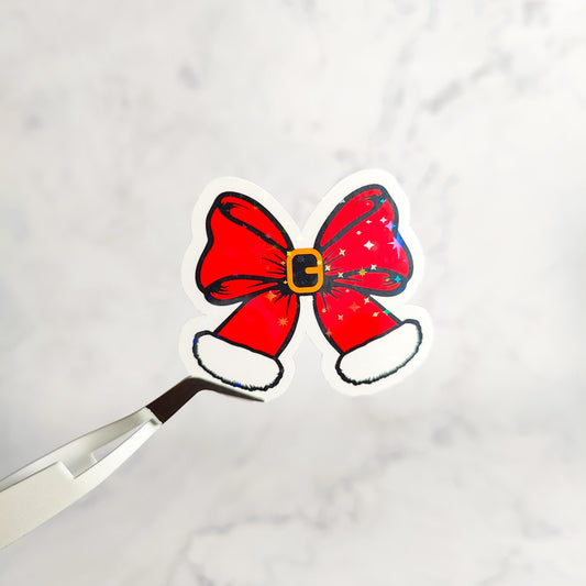 Santa Belt Bow Holographic Sticker, Christmas Coquette, Water Resistant Sticker, Adorable Christmas Aesthetic, Cute Red Bow and Pink Bow