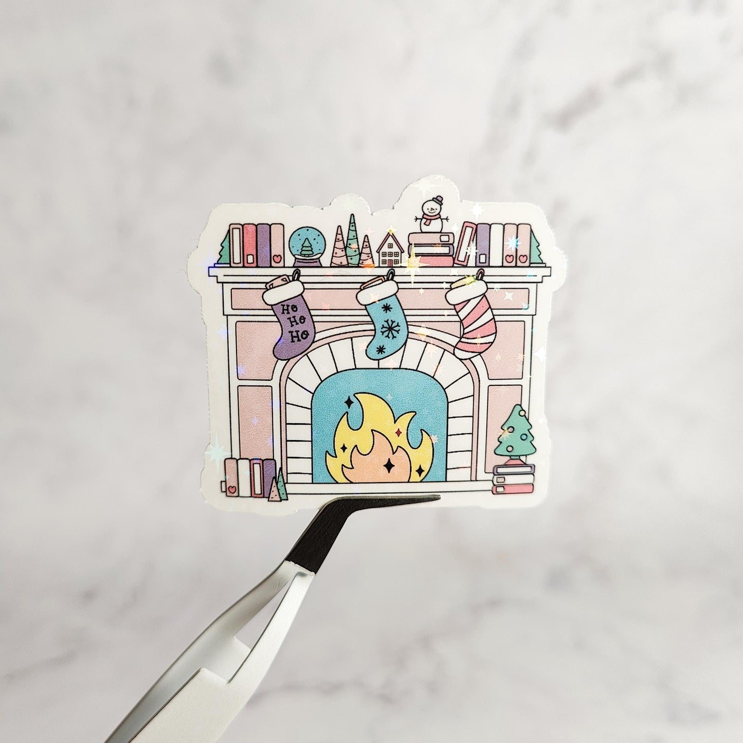 Christmas Fireplace Holographic Sticker, Bookish Christmas, Water Resistant Sticker, Pink Christmas, Bookworm Holiday Gift