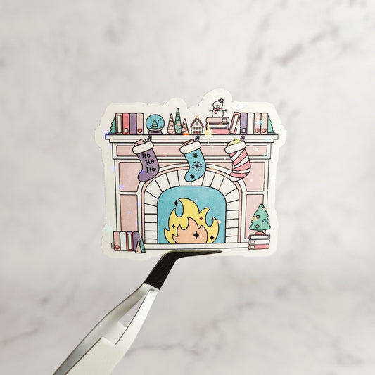 Christmas Fireplace Holographic Sticker, Bookish Christmas, Water Resistant Sticker, Pink Christmas, Bookworm Holiday Gift