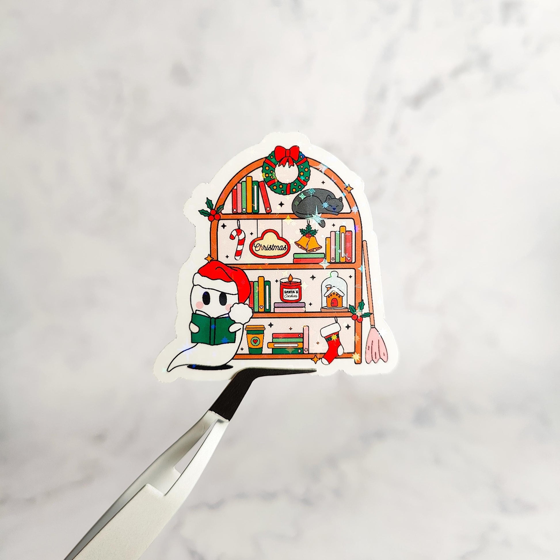 Spooky Christmas Ghost Holographic Sticker, Bookish Spooky Christmas, Water Resistant Sticker, Holiday Bookshelf, Bookworm Holiday Gift