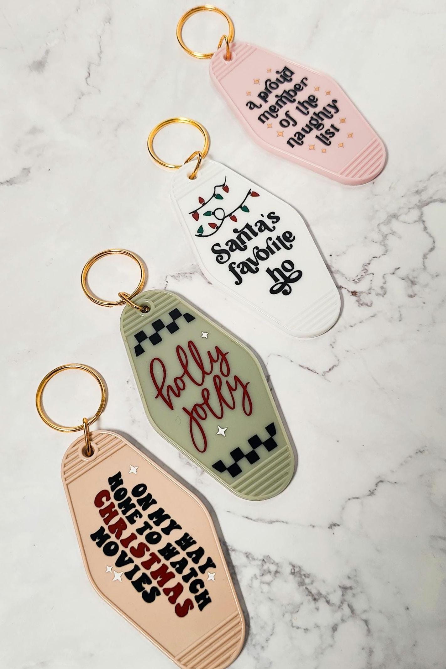 Christmas Motel Keychains, Christmas Movies, Holly Jolly, Naughty List Member, Santa's Favorite Ho, Holiday Keychain Gift