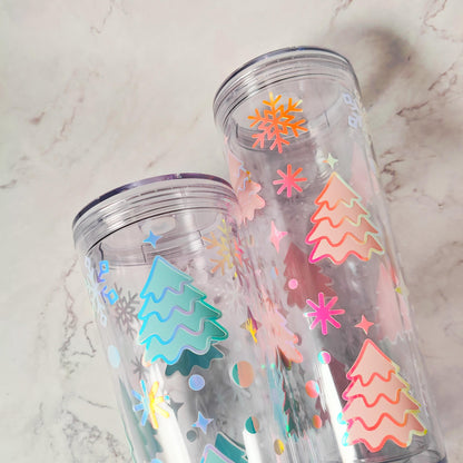 Christmas Trees 24oz Acrylic Tumbler, Glow In The Dark Christmas Cup, Snowflakes, Reusable Cup with Straw, Stocking Stuffer, Holiday Gift