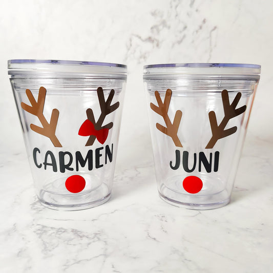 Reindeer Custom Name 10oz Acrylic Tumbler, Cute Christmas Cup, Christmas Gift, Kids Themed, Personalized Holiday Stocking Stuffer