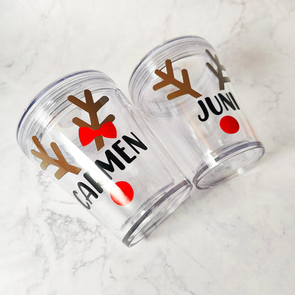 Reindeer Custom Name 10oz Acrylic Tumbler, Cute Christmas Cup, Christmas Gift, Kids Themed, Personalized Holiday Stocking Stuffer