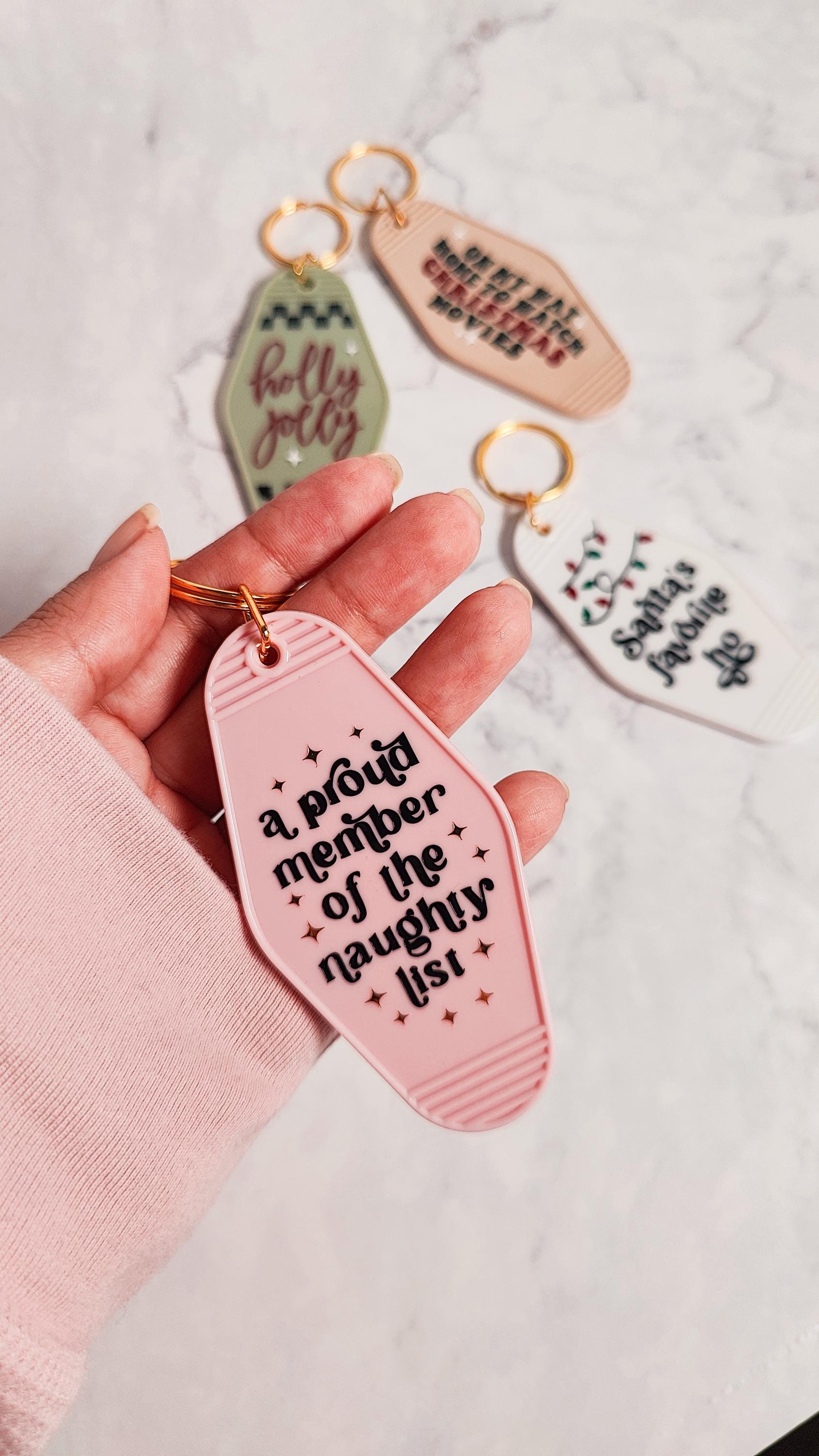 Christmas Motel Keychains, Christmas Movies, Holly Jolly, Naughty List Member, Santa's Favorite Ho, Holiday Keychain Gift