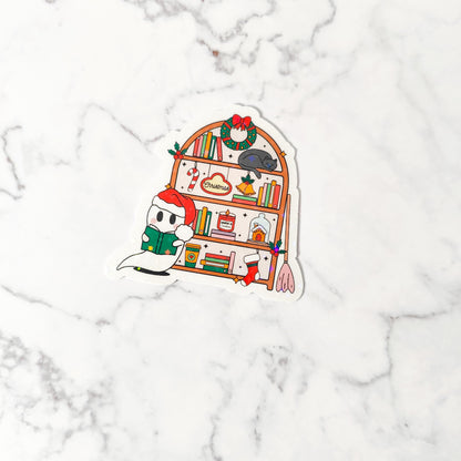 Spooky Christmas Ghost Holographic Sticker, Bookish Spooky Christmas, Water Resistant Sticker, Holiday Bookshelf, Bookworm Holiday Gift