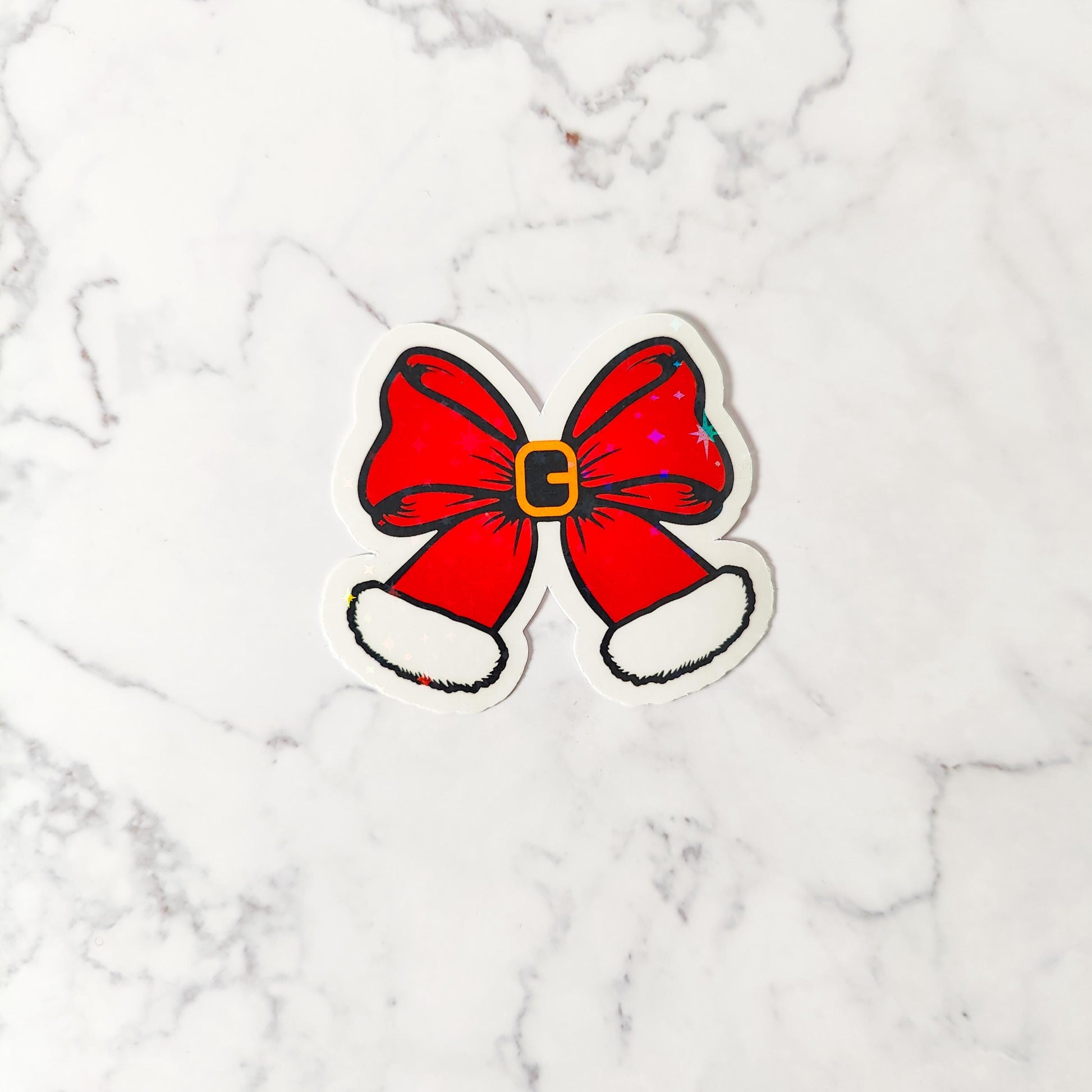 Santa Belt Bow Holographic Sticker, Christmas Coquette, Water Resistant Sticker, Adorable Christmas Aesthetic, Cute Red Bow and Pink Bow