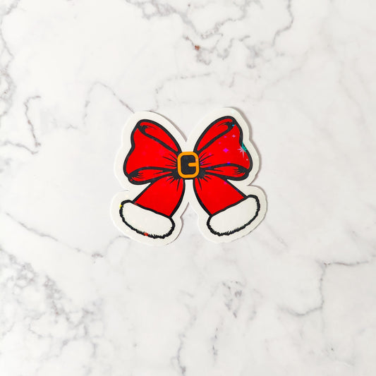 Santa Belt Bow Holographic Sticker, Christmas Coquette, Water Resistant Sticker, Adorable Christmas Aesthetic, Cute Red Bow and Pink Bow