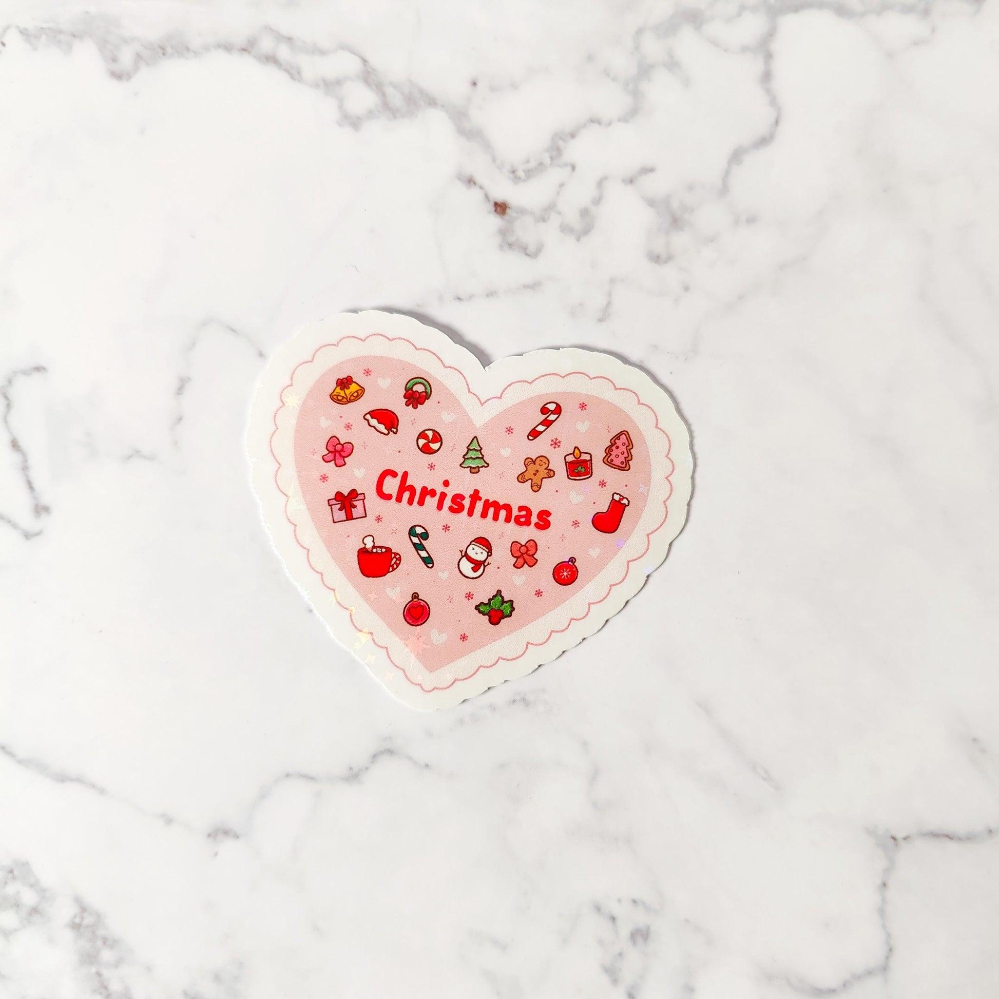 Cute Christmas Heart Holographic Sticker, Holiday Cheer, Water Resistant Sticker, Stocking Stuffer Gift, Kindle E-Reader Sticker Decor