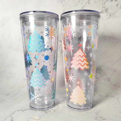 Christmas Trees 24oz Acrylic Tumbler, Glow In The Dark Christmas Cup, Snowflakes, Reusable Cup with Straw, Stocking Stuffer, Holiday Gift