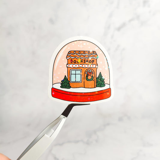 Bookshop Snowglobe Holographic Sticker, Bookish Christmas, Water Resistant Sticker, Stocking Stuffer, Bookworm Holiday Gift