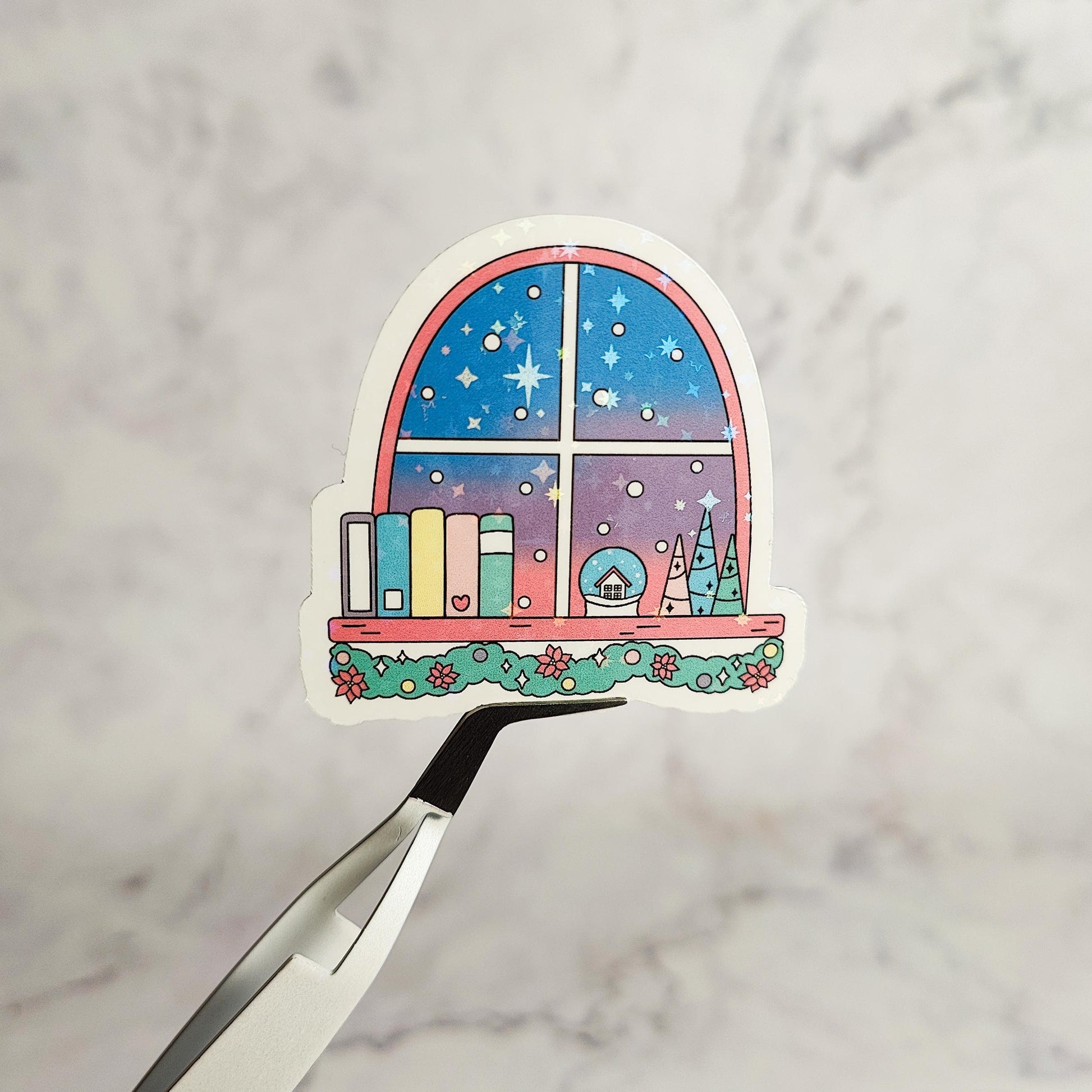 Christmas Window Holographic Sticker, Bookish Christmas, Water Resistant Sticker, Holiday Bookshelf, Bookworm Holiday Gift