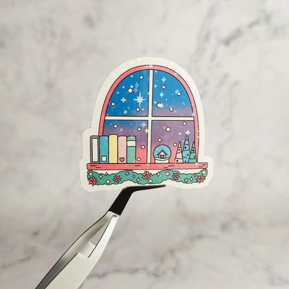 Christmas Window Holographic Sticker, Bookish Christmas, Water Resistant Sticker, Holiday Bookshelf, Bookworm Holiday Gift