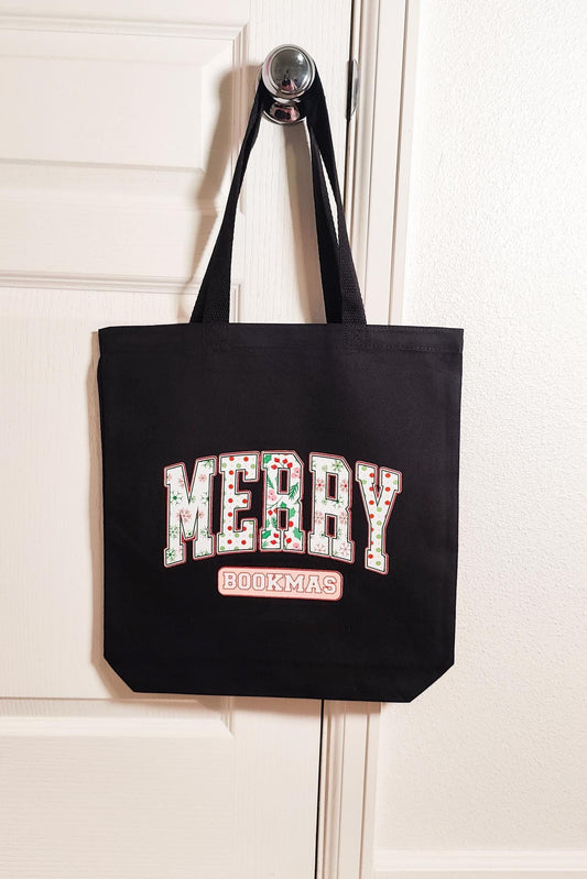Merry Bookmas Tote Bag, Farmers Market Tote, Small Grocery Bag, Reusable Cotton Bag, Retro Flower Market Tote, Christmas Gift Bag