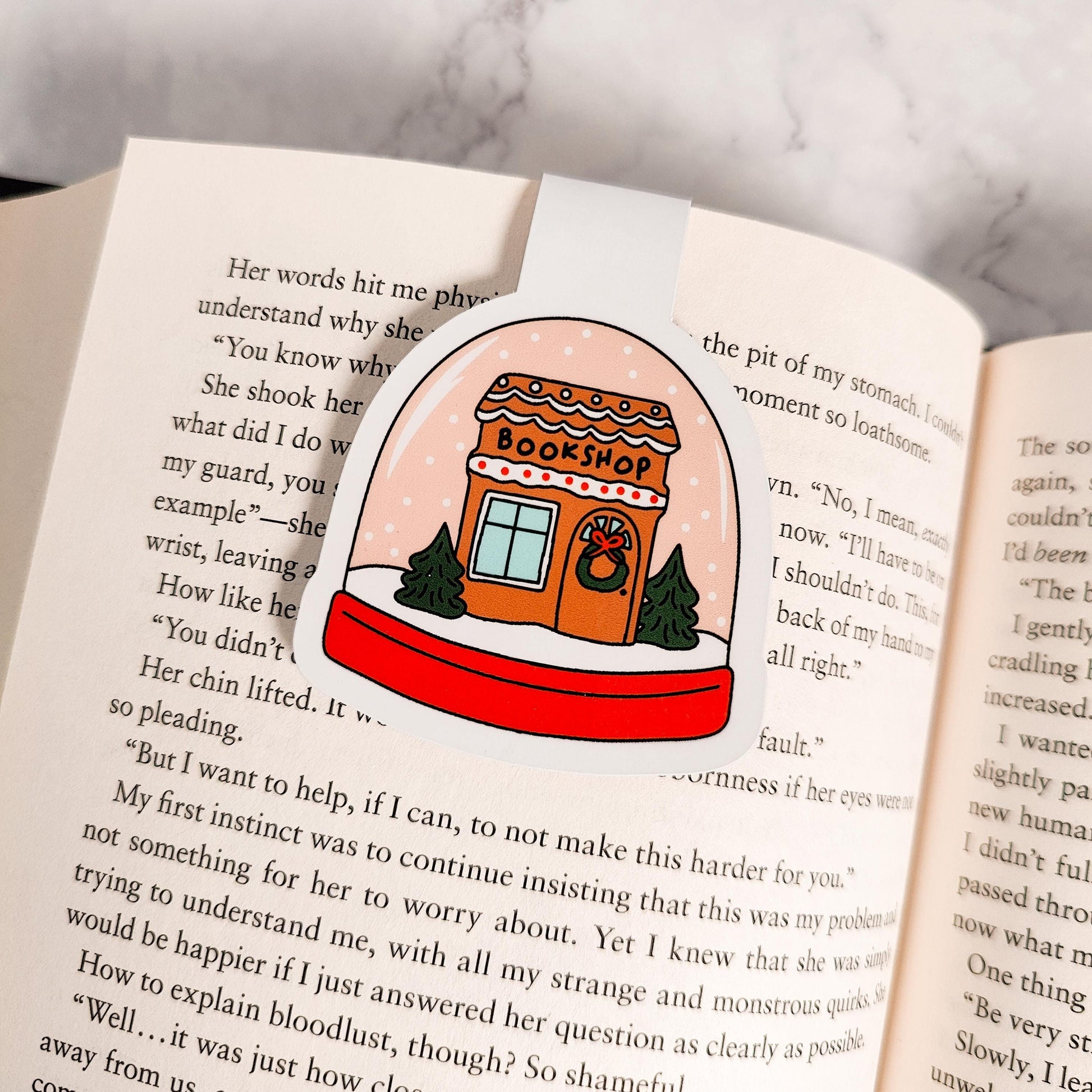 Bookshop Snowglobe Magnetic Bookmark, Bookish Water Resistant Bookmark, Christmas Page Marker, Winter Cozy Bookworm Gift