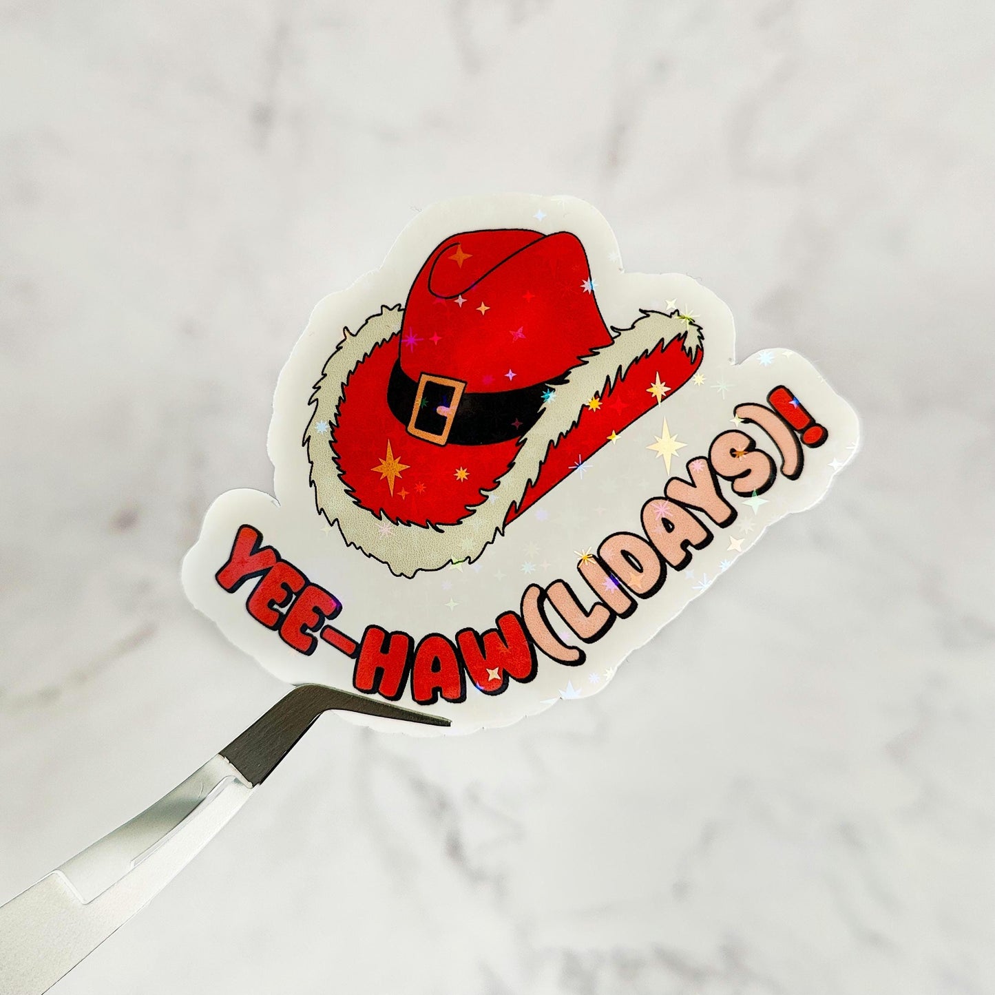 Yee-Hawlidays Holographic Sticker, Western Rodeo Themed Christmas Decal, Country Santa Hat, Cute Holiday Cowboy Hat, Cowgirl Lover Gift