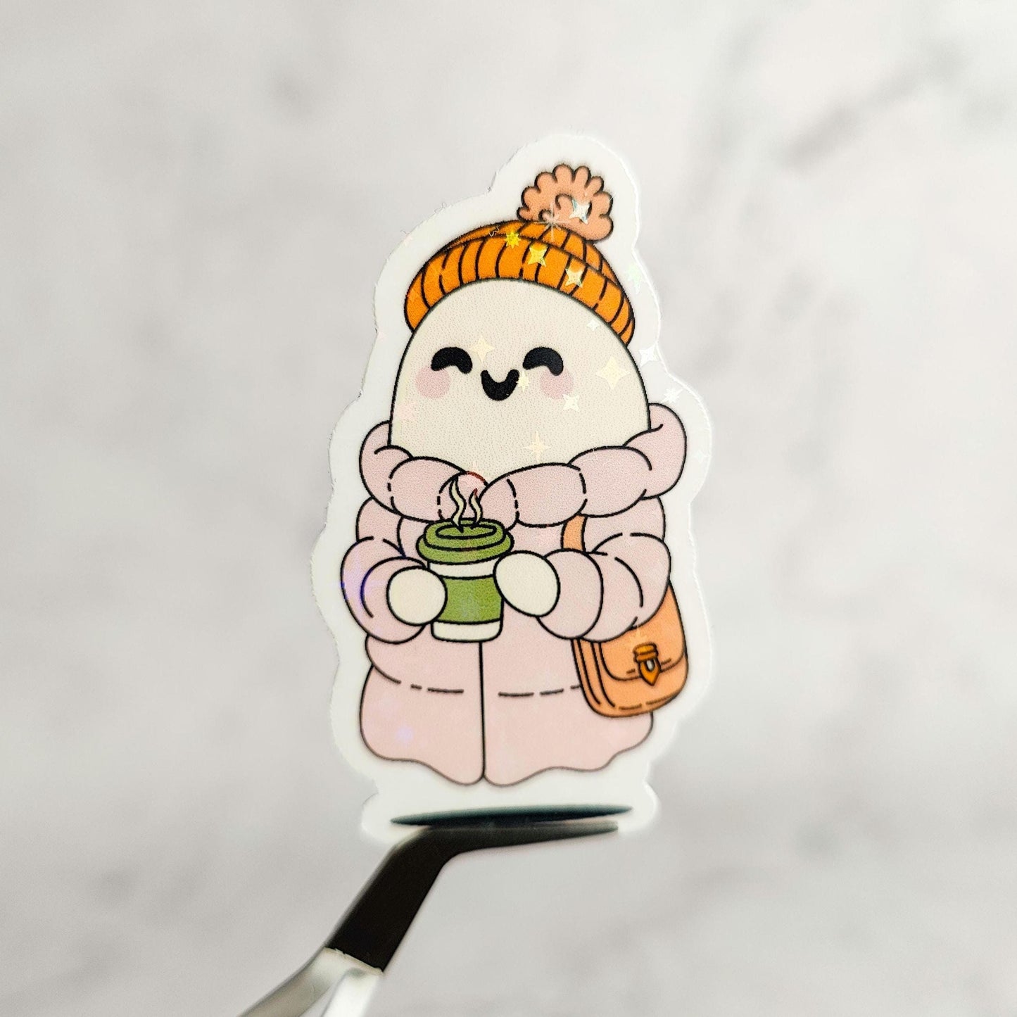 Puffer Jacket Ghostie Holographic Sticker, Spooky Christmas, Mom Ghost, Stocking Stuffer Gift, Kindle E-Reader Decor