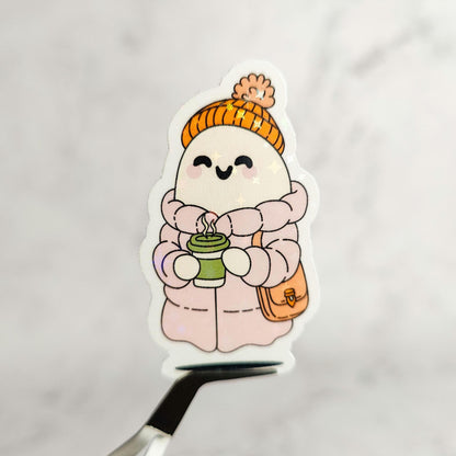 Puffer Jacket Ghostie Holographic Sticker, Spooky Christmas, Mom Ghost, Stocking Stuffer Gift, Kindle E-Reader Decor
