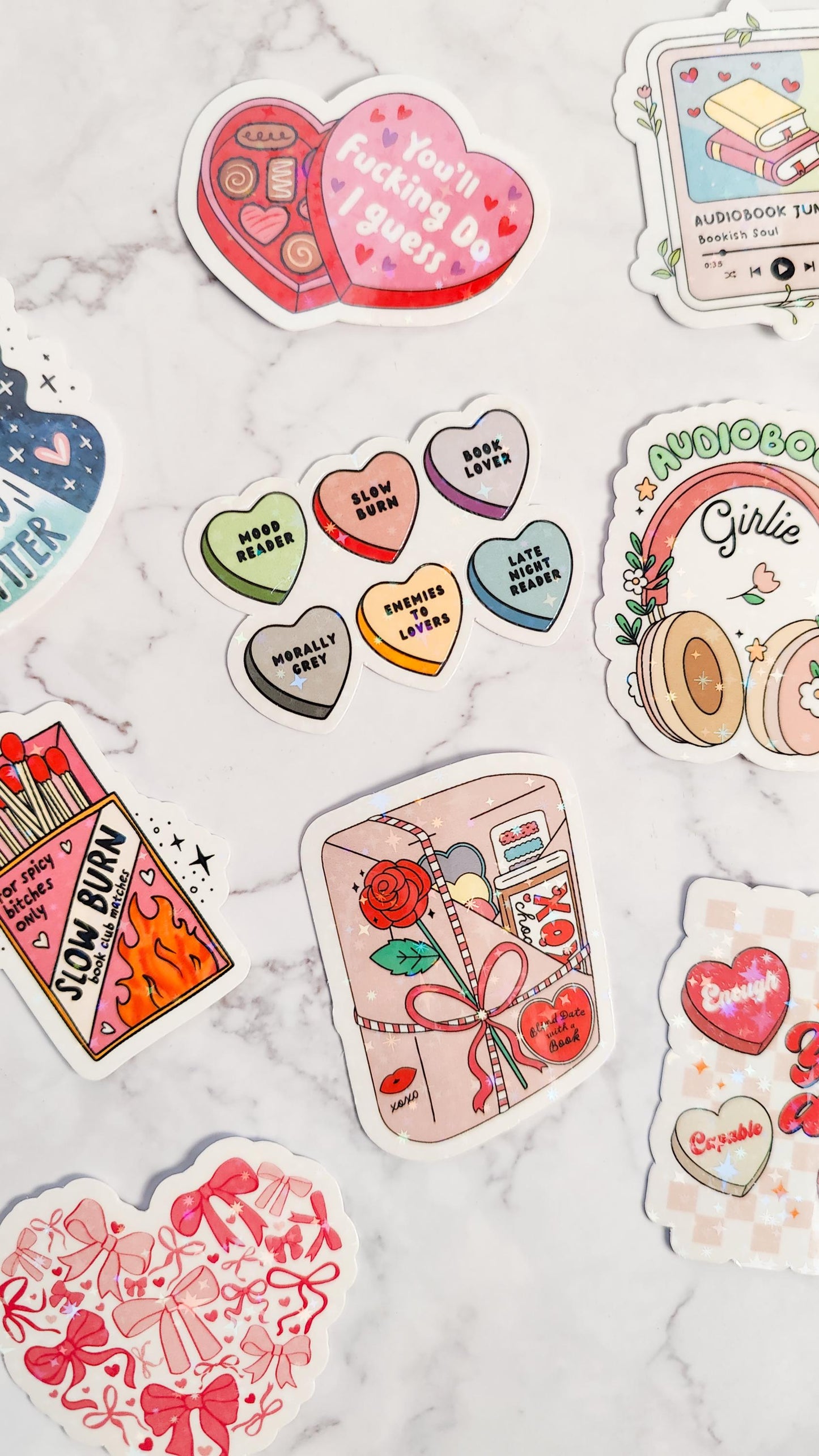 Bookish Conversation Hearts Holographic Sticker, Book Genres, Candy Hearts, Bookish Girlie, Water Resistant Sticker, Journal, Laptop Decal