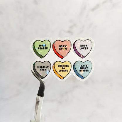 Bookish Conversation Hearts Holographic Sticker, Book Genres, Candy Hearts, Bookish Girlie, Water Resistant Sticker, Journal, Laptop Decal