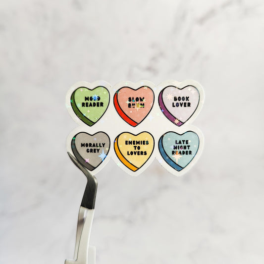 Bookish Conversation Hearts Holographic Sticker, Book Genres, Candy Hearts, Bookish Girlie, Water Resistant Sticker, Journal, Laptop Decal