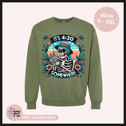 It’s 420 Somewhere Crewneck, Laid-back Skelly Sweater, Chill Skeleton Floral, Casual Soft Cotton, Stoner Aesthetic Cannabis Gift