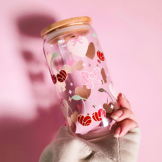 Coquette Concha Glass Cup, Iced Coffee Glass Can, Cherry Bows Conchas, Cottagecore Matcha Drinkware, Latino Pan Dulce y Cafecito Lover
