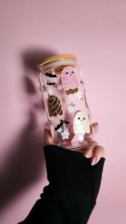Concha Ghosts Coffee Glass Can, Cute Libbey, Mexican Pan Dulce Cup, Latino Halloween Beer Can with Bamboo Lid, Spooky Lover Gift for Latinos