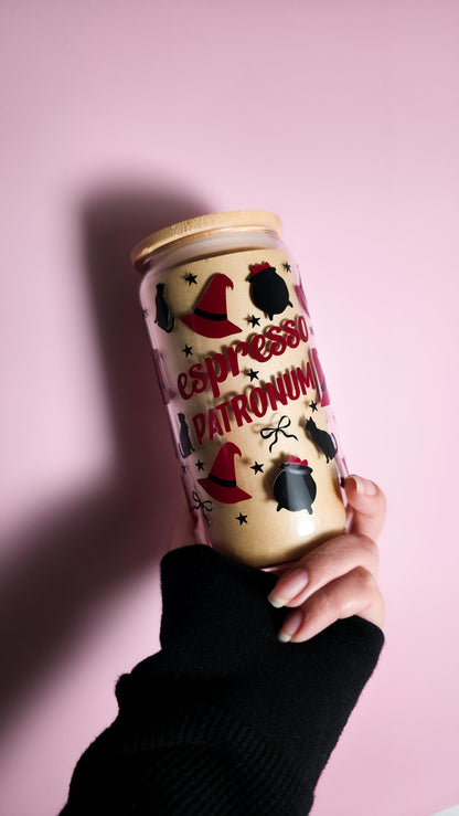 Espresso Patronum Coffee Glass Can, Wizard Libbey, Fall Cup, Halloween Witch Beer Can with Bamboo Lid, Magic Lover Gift