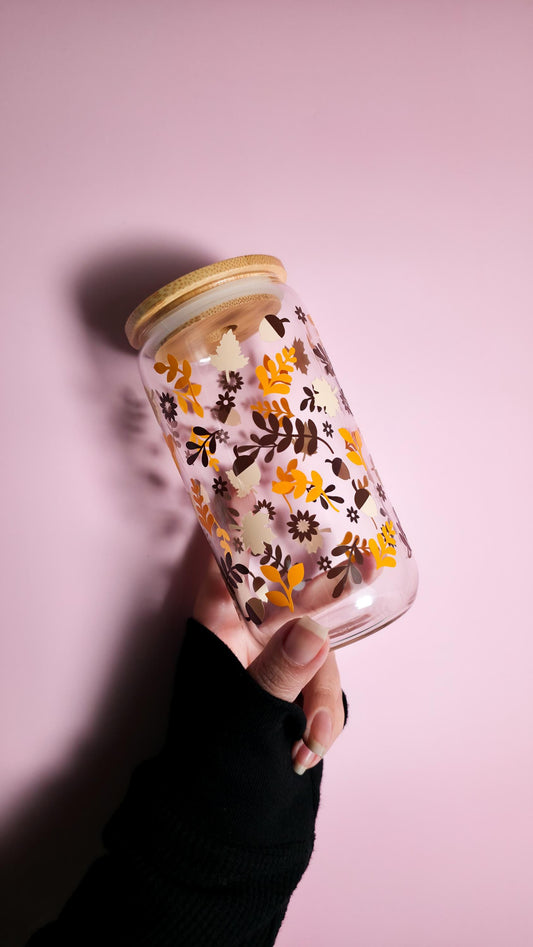 Minimal Autumn Leaves Coffee Glass Can, Cute Libbey, Fall Cup, Cozy Beer Can with Bamboo Lid, Fall Season Gift