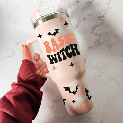 Basic Witch 40oz Insulated Tumbler, Large Cup, Reusable Thermos with Straw, Halloween Aesthetic, Spooky Gift
