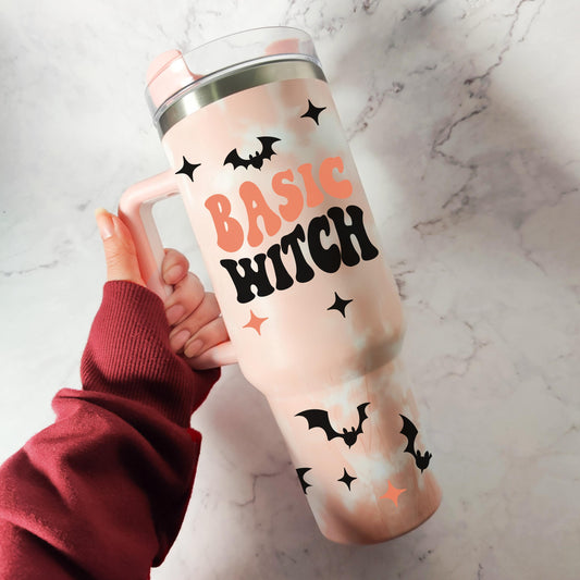 Basic Witch 40oz Insulated Tumbler, Large Cup, Reusable Thermos with Straw, Halloween Aesthetic, Spooky Gift