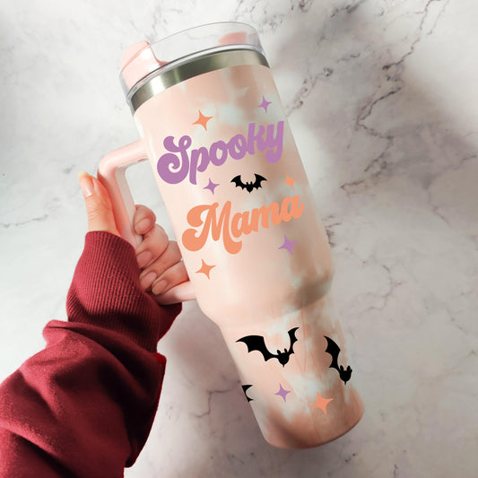 Spooky Mama 40oz Insulated Tumbler, Large Cup, Reusable Thermos with Straw, Halloween Aesthetic, Spooky Gift