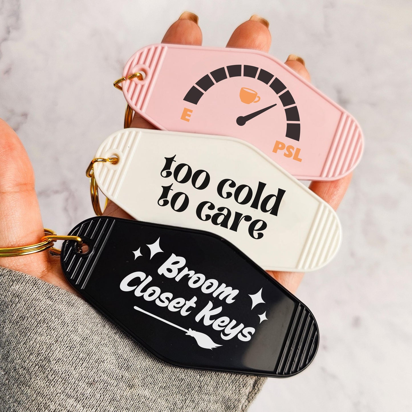 Falloween Motel Keychains, Spooky Babe, Feral, Haunted Mansion, Not Today Satan, Pumpkin Spice Queen, Too Cold To Care, Car Keys Accessories