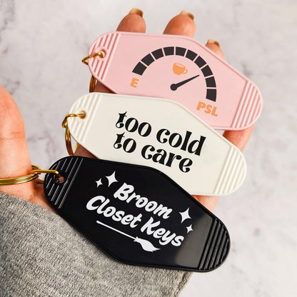 Falloween Motel Keychains, Spooky Babe, Feral, Haunted Mansion, Not Today Satan, Pumpkin Spice Queen, Too Cold To Care, Car Keys Accessories
