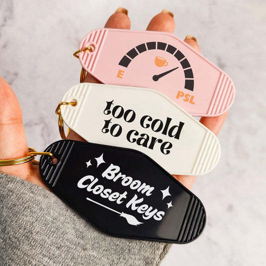 Falloween Motel Keychains, Spooky Babe, Feral, Haunted Mansion, Not Today Satan, Pumpkin Spice Queen, Too Cold To Care, Car Keys Accessories