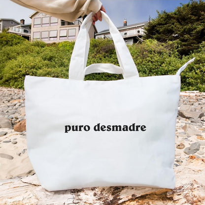 Puro Desmadre Jumbo Tote Bag, Extra Large Tote, Spanish Quote Bag, Reusable Overnight Cotton Bag, Latin Mom Tote Gift