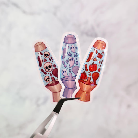 Falloween Lava Lamps Holographic Sticker, Water Resistant, Ghosts, Pumpkins, Skulls, Fall And Halloween Aesthetic, Spooky And Autumn Gift