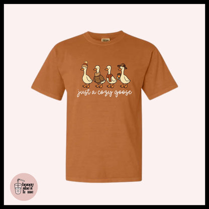 Just A Cozy Goose T-shirt, Autumn Animal Lover Shirt, Cute Casual Soft Cotton Tee, Falloween Comfy Top, Farm Animals, Fall Season Gift
