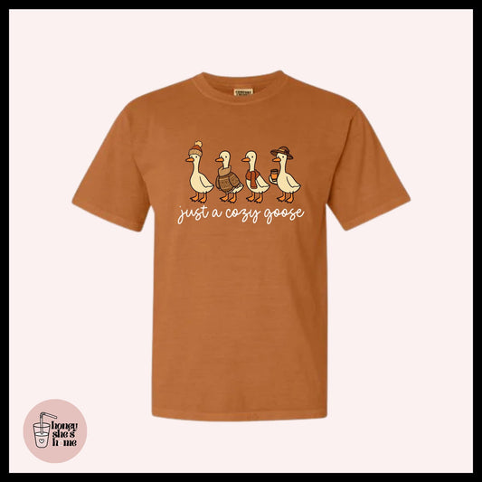 Just A Cozy Goose T-shirt, Autumn Animal Lover Shirt, Cute Casual Soft Cotton Tee, Falloween Comfy Top, Farm Animals, Fall Season Gift