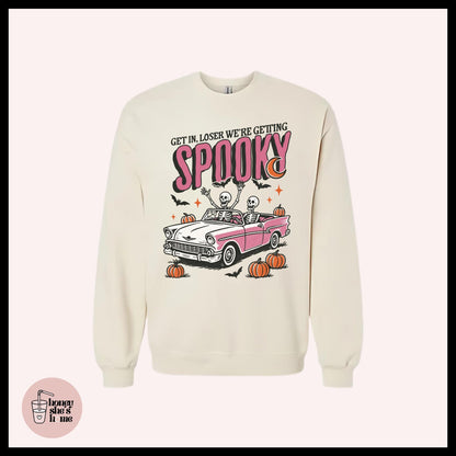 Get In Loser We're Getting Spooky Crewneck, Skelly Sweater, Cute Coffee Lover Sweatshirt, Comfy Fleece Soft Crew, Spooky Seasonal Gift