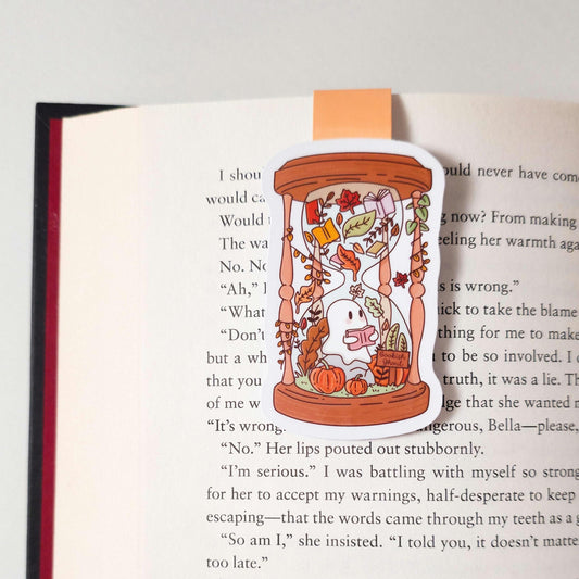 Cozy Ghostie Bookish Hourglass Magnetic Bookmark, Water Resistant Bookmark, Fall Page Marker, Autumn Ghost Reading, Bookworm Gift