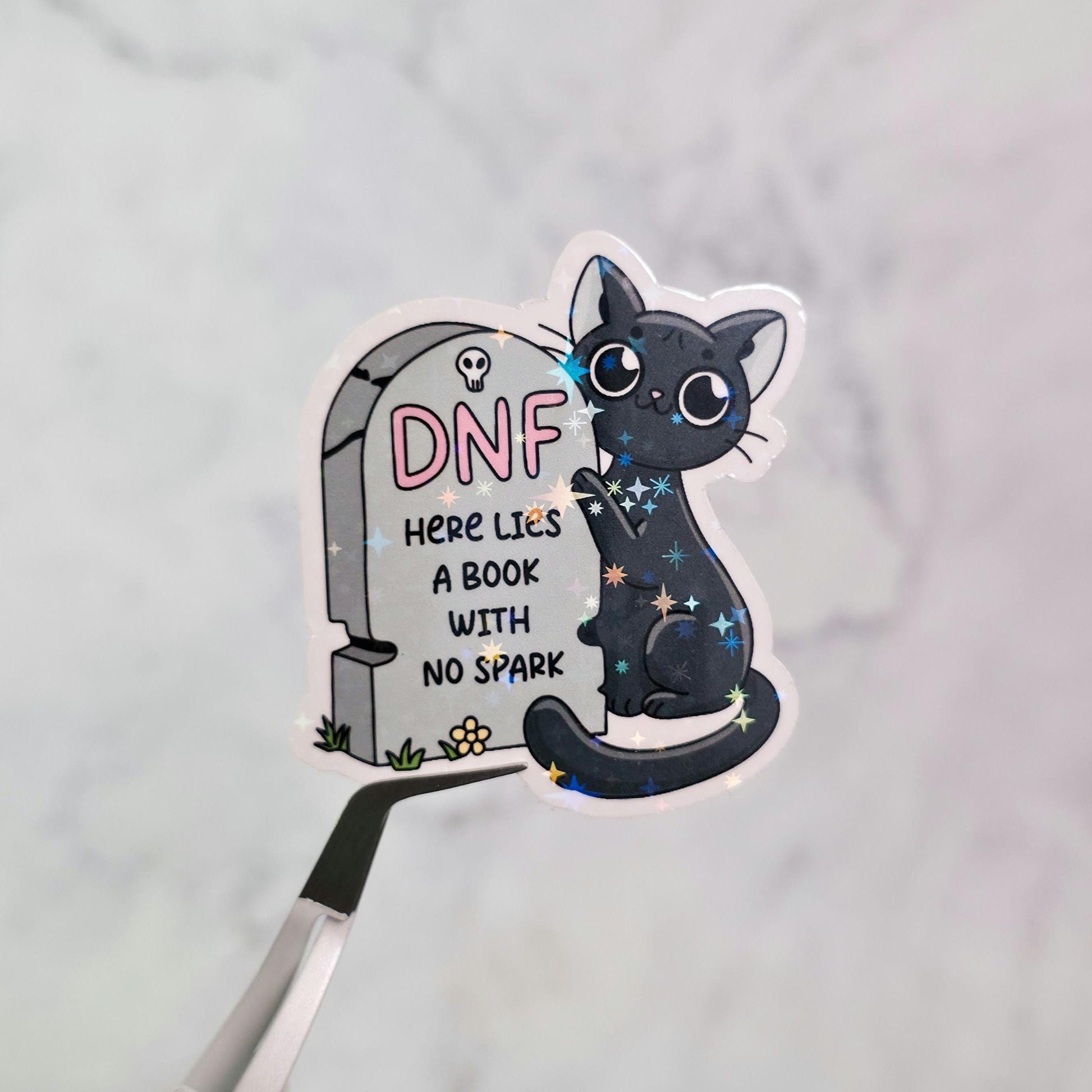DNF Tombstone Holographic Sticker, Water Resistant, Did Not Finish, Bookish Cemetery, Spooky Bookworm Gift