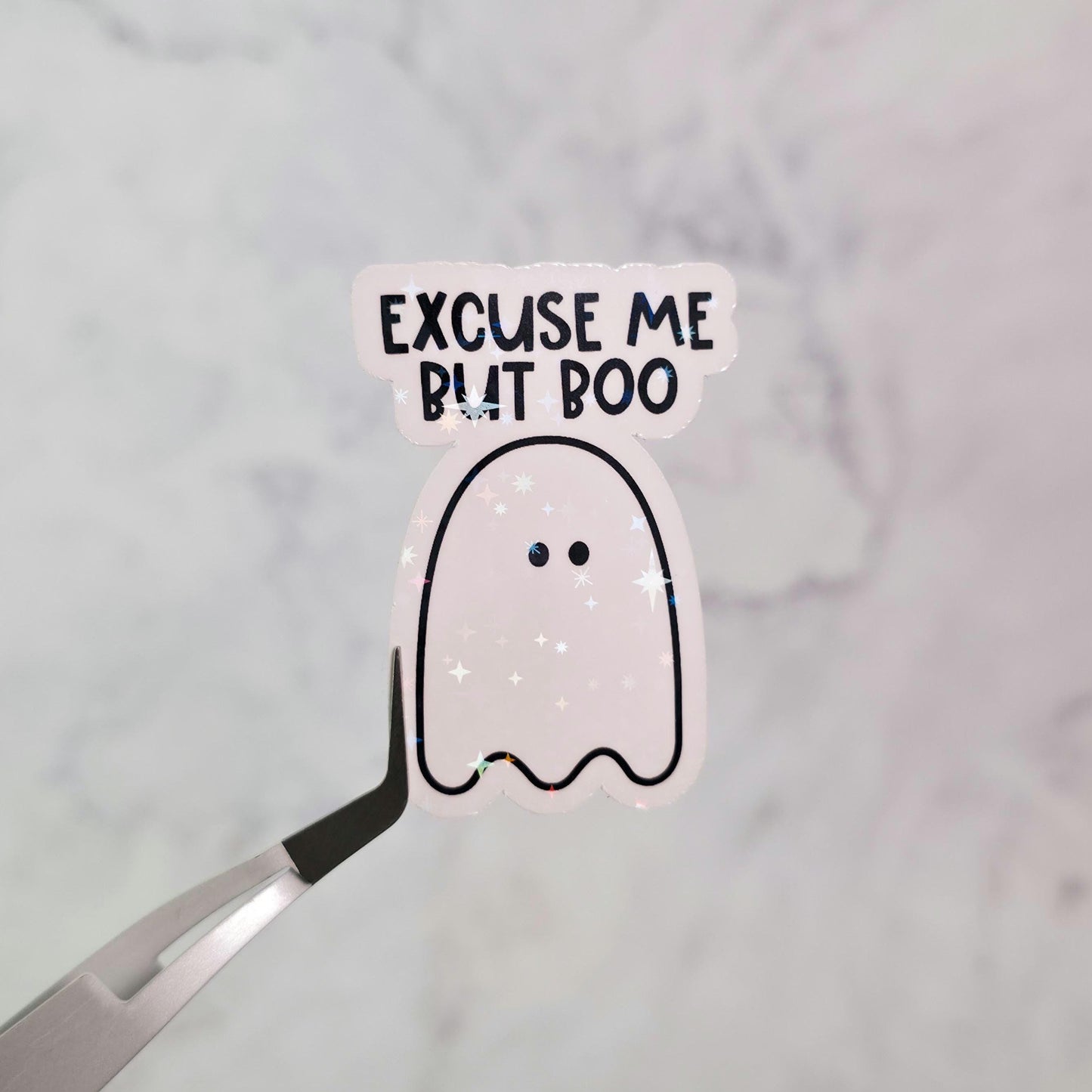 Excuse Me But Boo Holographic Sticker, Water Resistant, Cute Shy Little Ghost, Spooky Gift