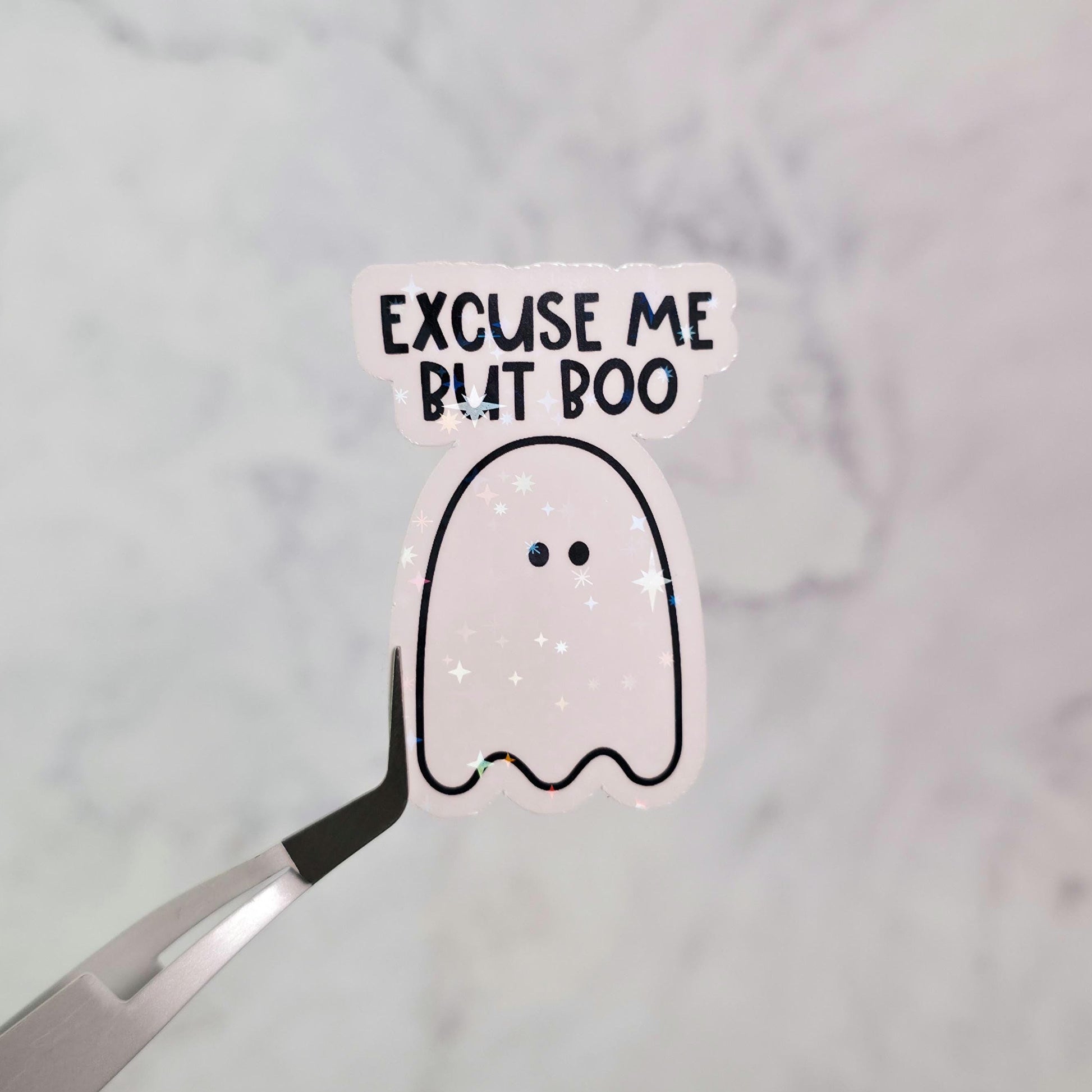 Excuse Me But Boo Holographic Sticker, Water Resistant, Cute Shy Little Ghost, Spooky Gift