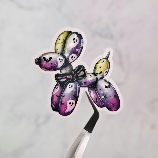 Ghostie Balloon Dog Holographic Sticker, Water Resistant, Ghost Dog, Ballon Art, Spooky Pet Lover Gift