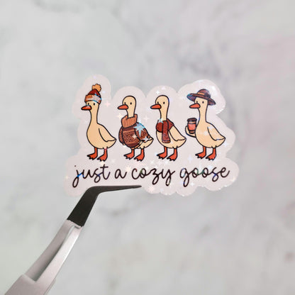 Just A Cozy Goose Holographic Sticker, Water Resistant, Autumn Vibes Farm Animals, Silly Comfy Gooses, Fall Lover Gift